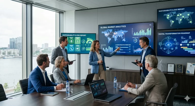 Internationale zakelijke trends visualisatie met digitalisering, AI en groei strategieën voor Nederlandse bedrijven op mondia