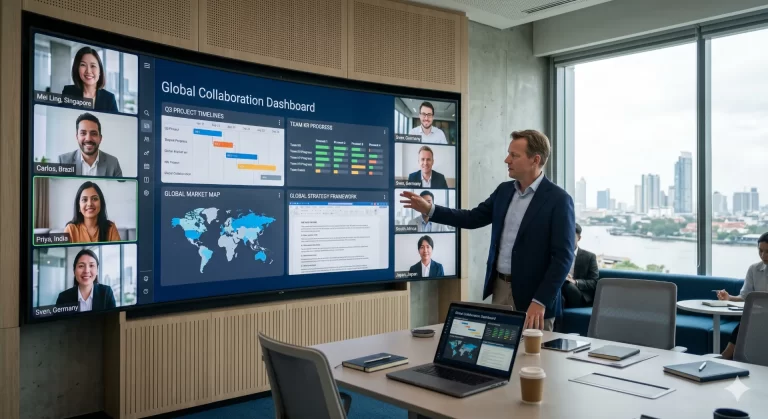 Remote teams internationaal beheren: visualisatie van digitale samenwerking en communicatiestructuren voor internationale bed