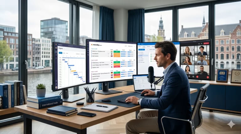 Illustratie van internationale freelancers samenwerking met digitale tools en wereldwijde netwerken voor Nederlandse bedrijve